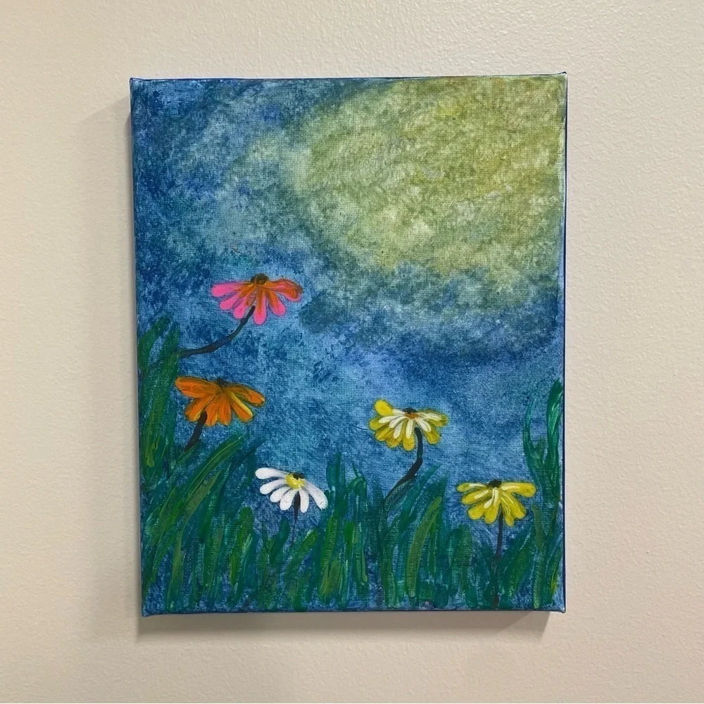 Handmade acrylic painting of sunshine and flowers daisies